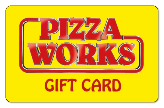 pizza works red text logo on a bright yellow background